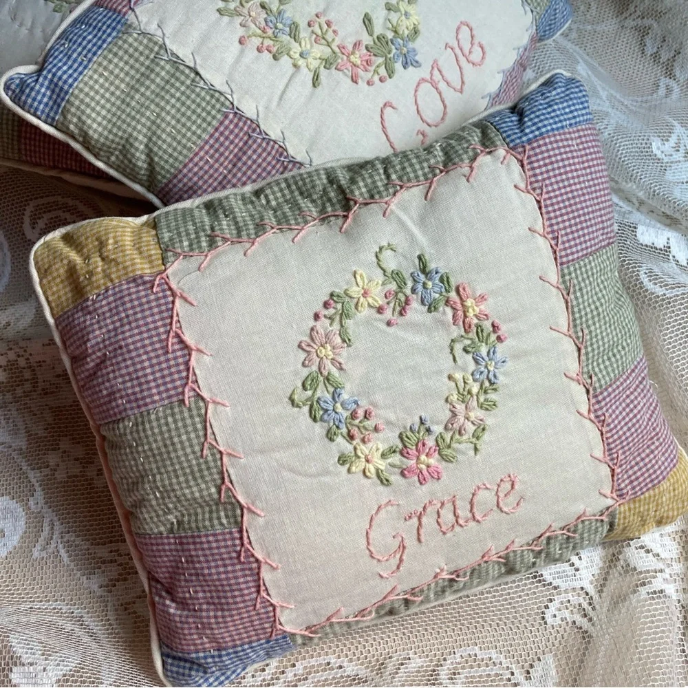 Set of 3 Primitive Quilted Embroidered pillows 9” x 8” GRACE LOVE BLESSINGS